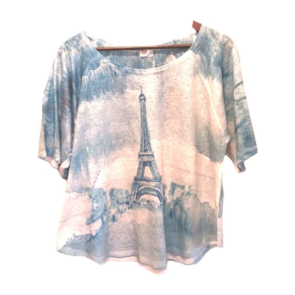 Et' Lois Paris Eiffel Tower Apple Top  Blue White Watercolor Art To Wear Sz M